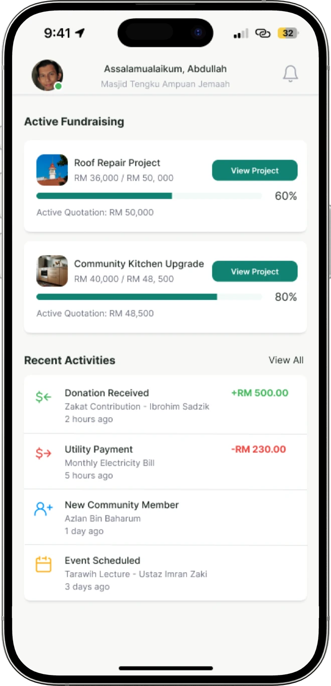 Saffly mobile app dashboard showing active fundraising projects and recent activities